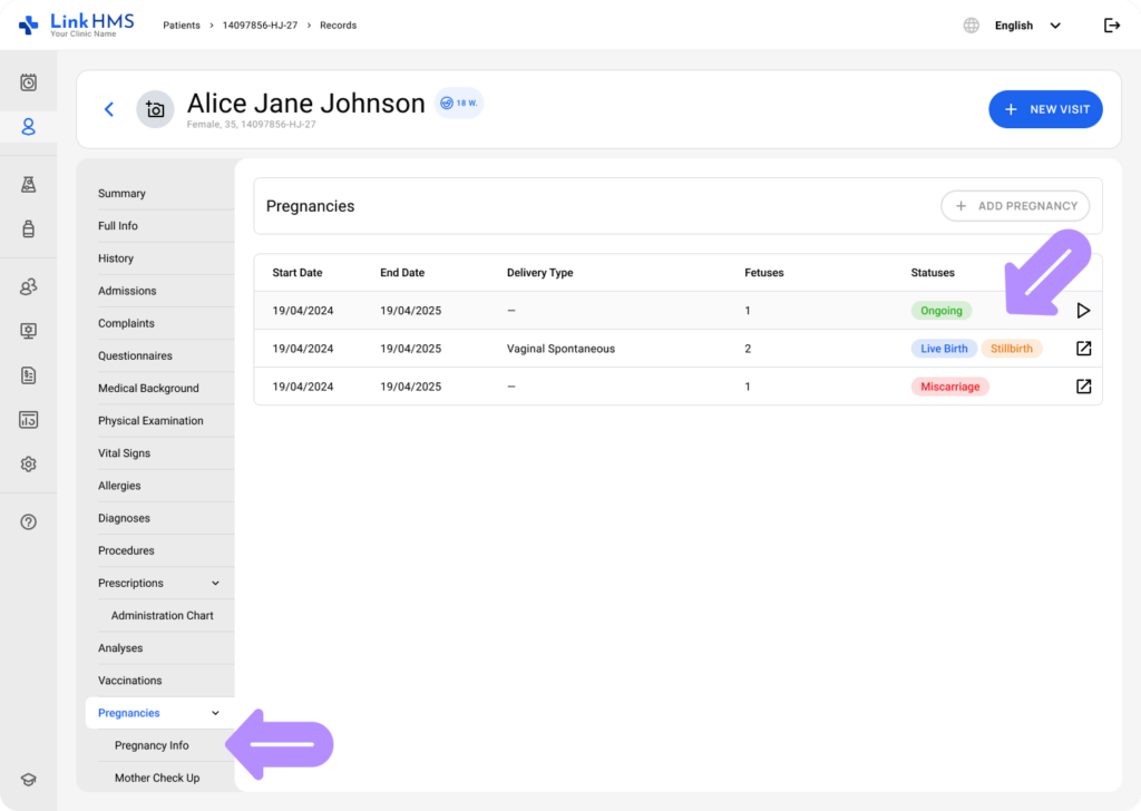 LinkHMS pregnancy info subtab 2