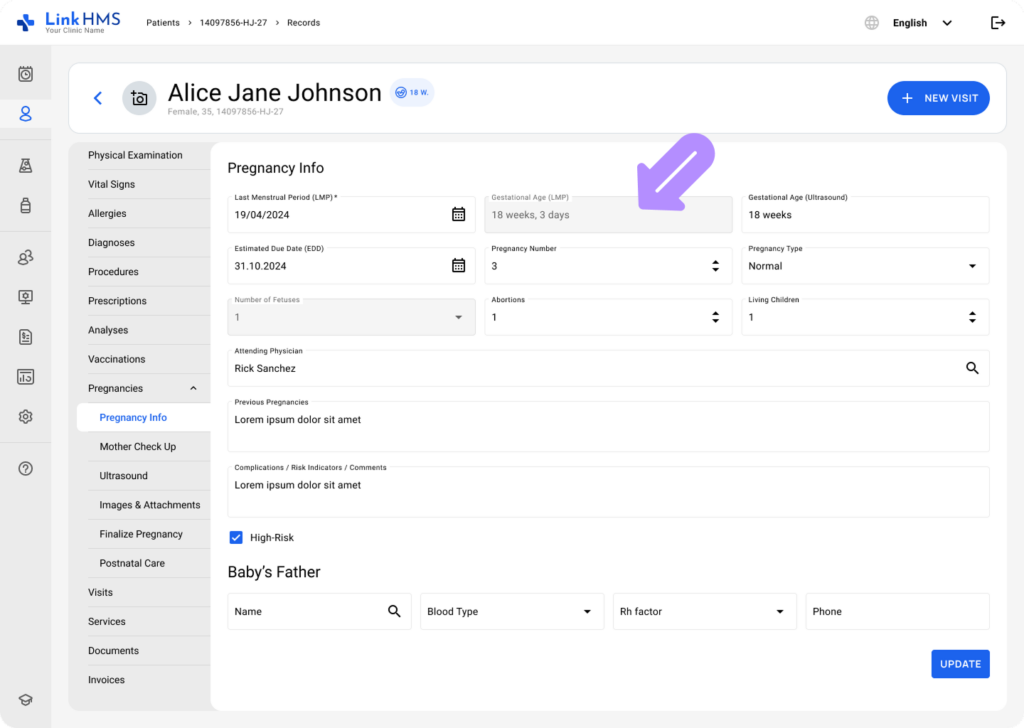 LinkHMS pregnancy info subtab 5
