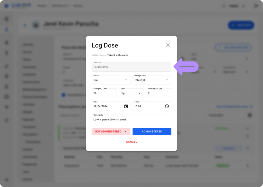 LinkHMS prescribed medicine log 1