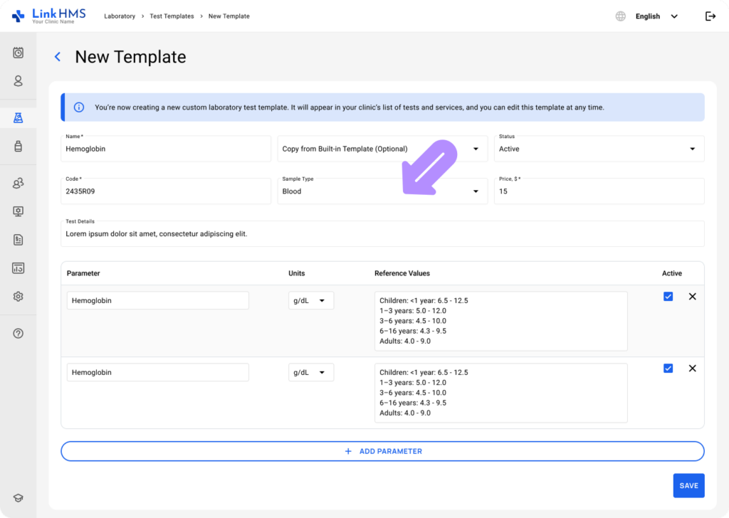 LinkHMS add and edit custom tests 5