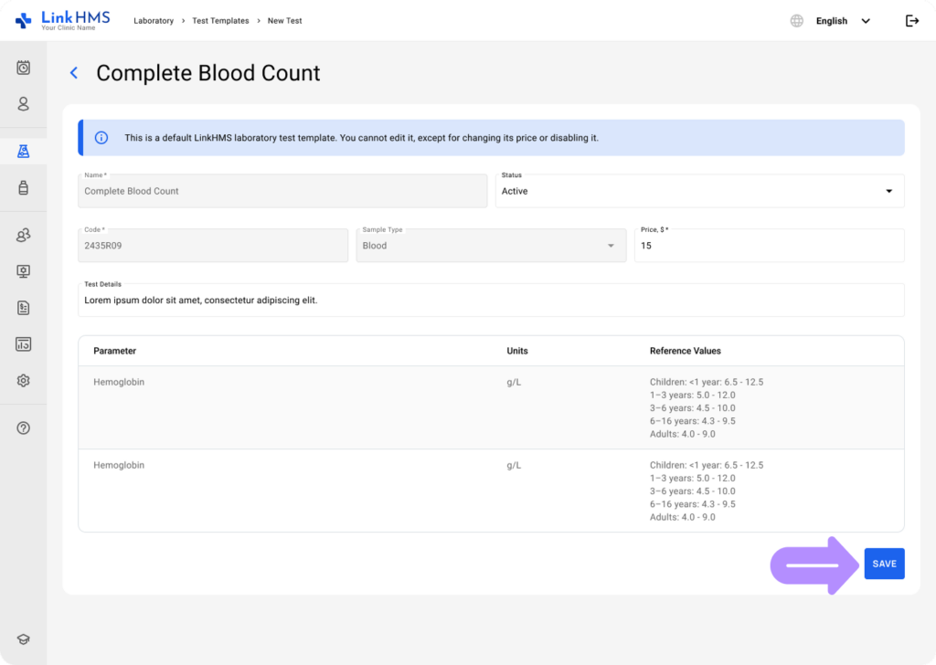 LinkHMS manage test templates 1