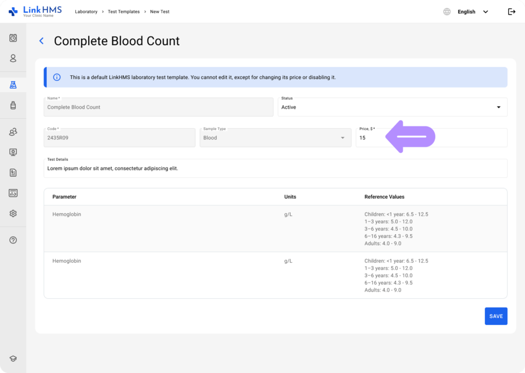 LinkHMS manage test templates 3