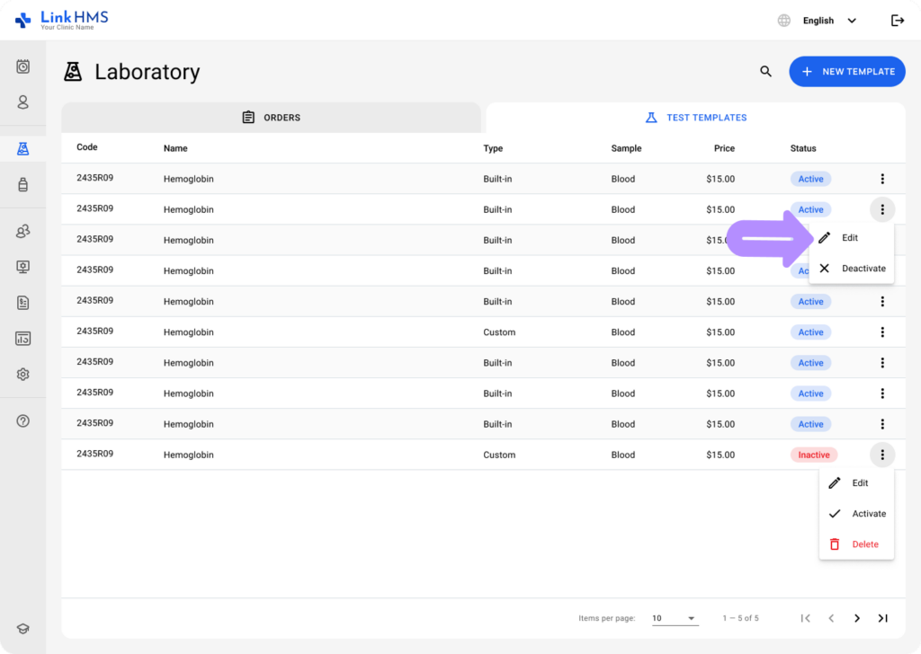 LinkHMS manage test templates 6