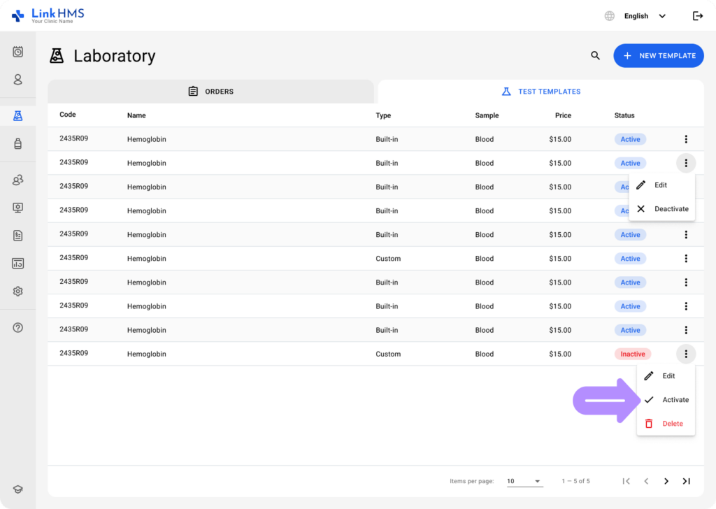 LinkHMS manage test templates 7