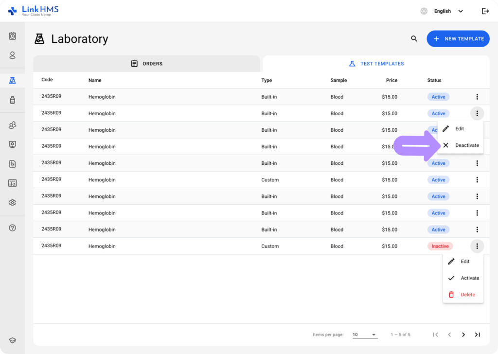 LinkHMS manage test templates 9