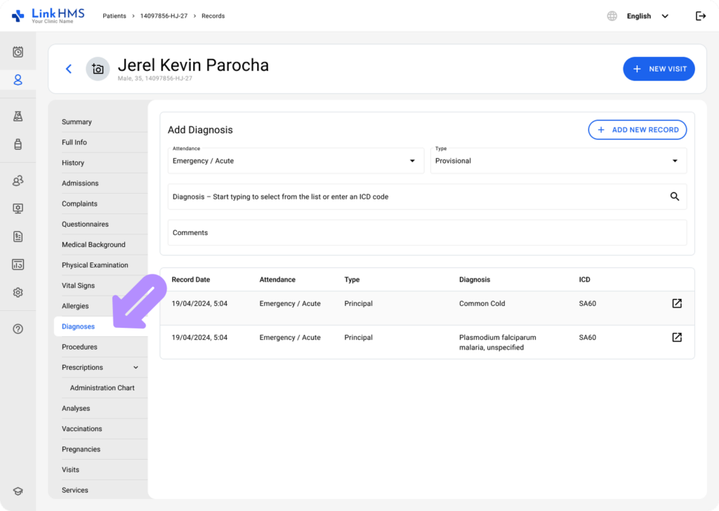 LinkHMS add an uncoded diagnosis 1