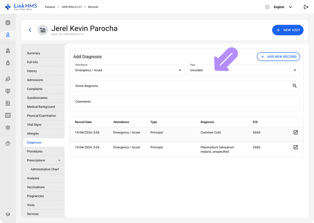 LinkHMS add an uncoded diagnosis 3