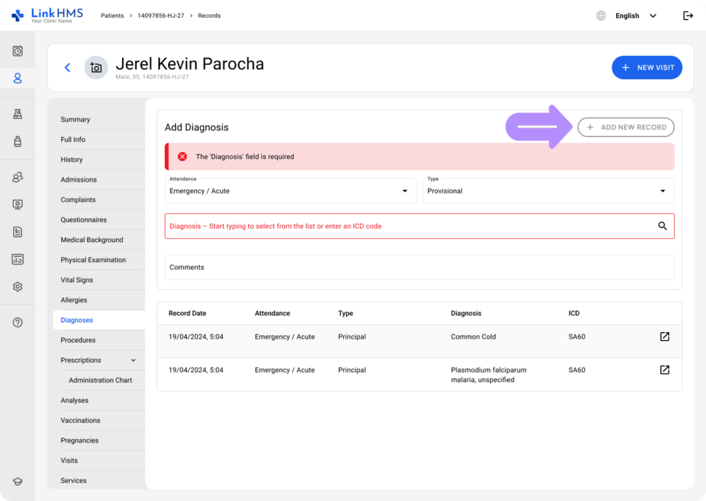 LinkHMS add an uncoded diagnosis 4