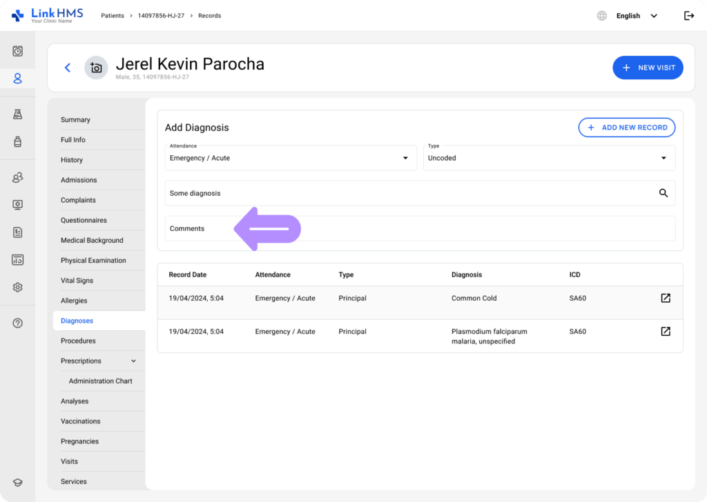 LinkHMS add an uncoded diagnosis 5