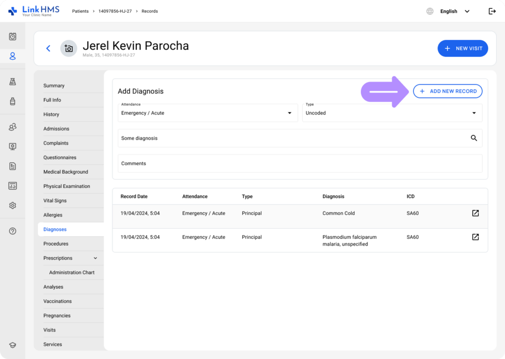 LinkHMS add an uncoded diagnosis 6