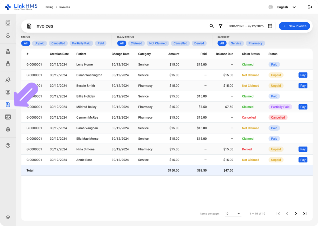 LinkHMS billing tab