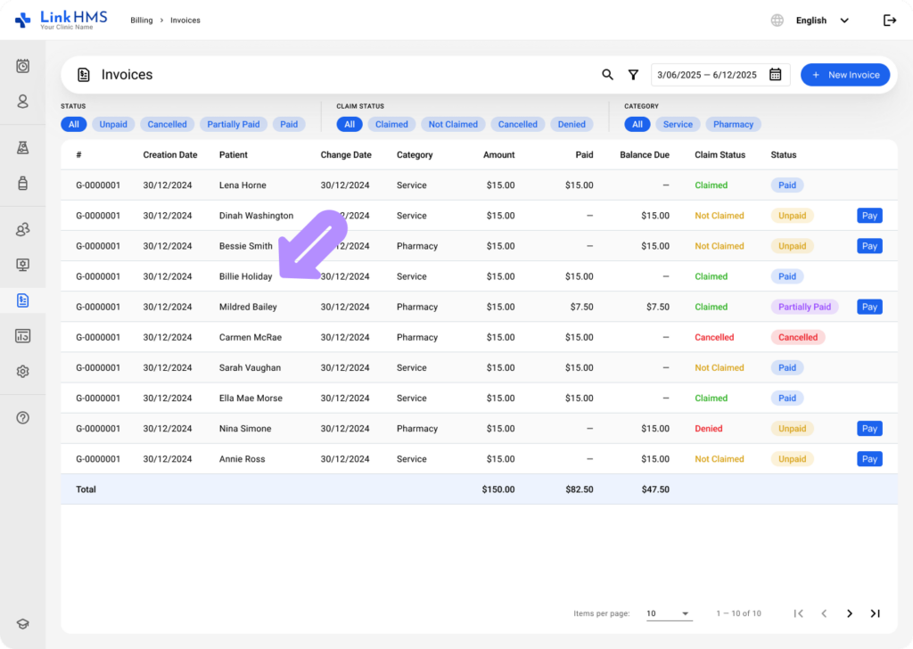 LinkHMS billing tab 2