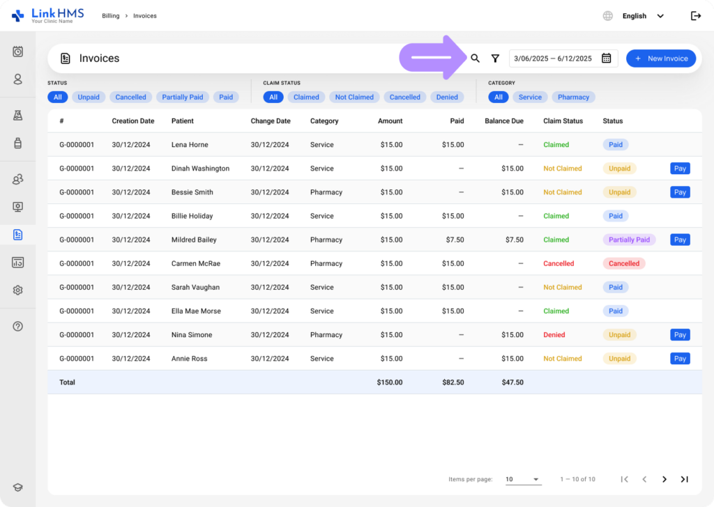 LinkHMS billing tab 3