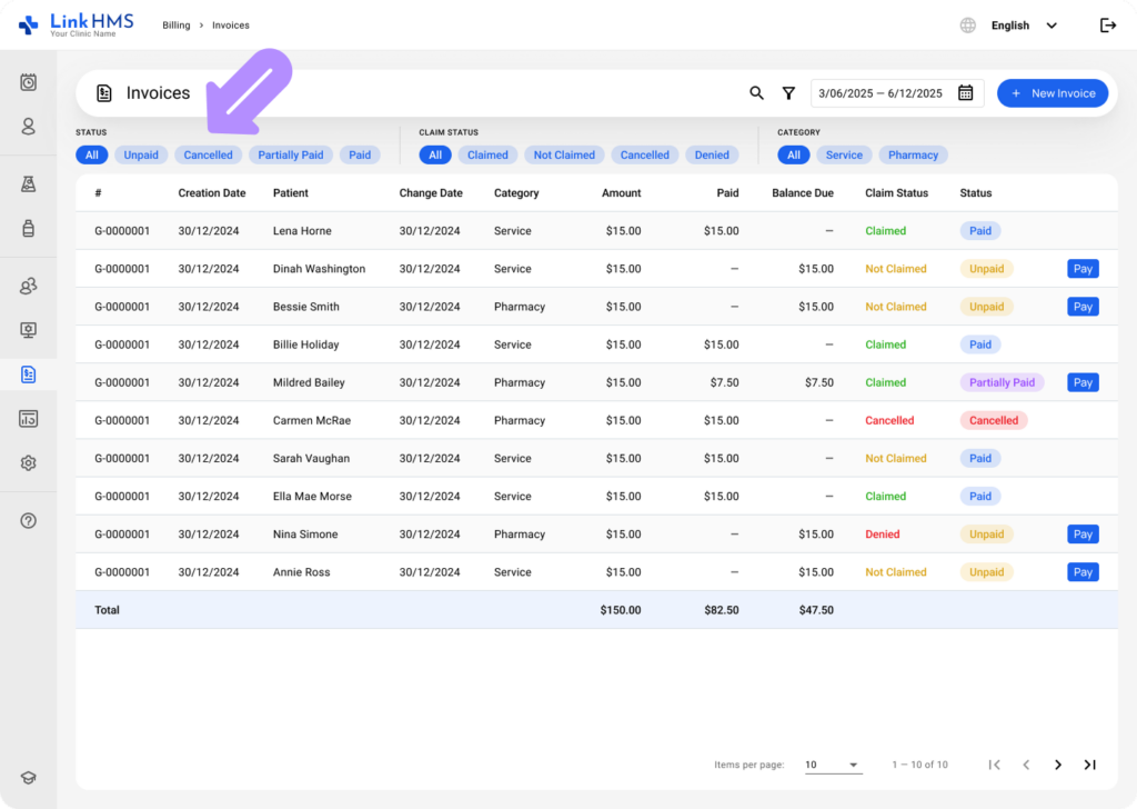LinkHMS billing tab 4