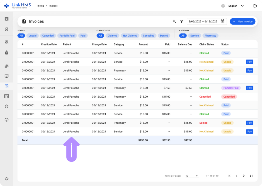 LinkHMS invoices in the patient profile 1