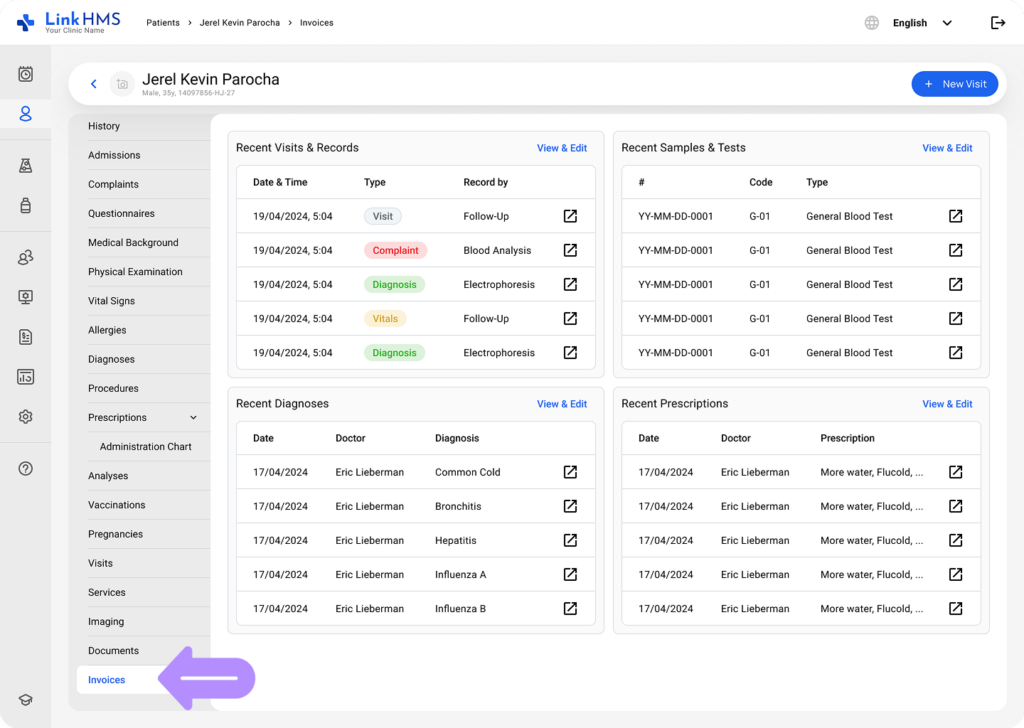 LinkHMS invoices in the patient profile