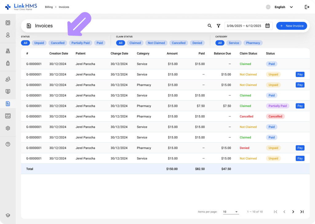 LinkHMS invoices in the patient profile 2