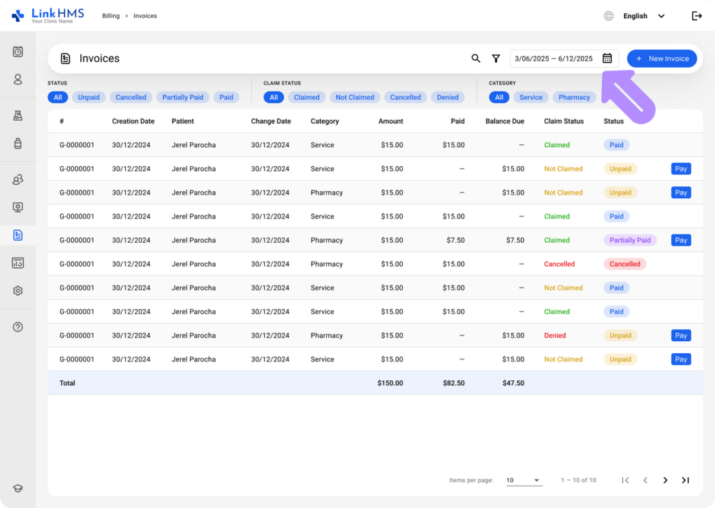 LinkHMS invoices in the patient profile 3