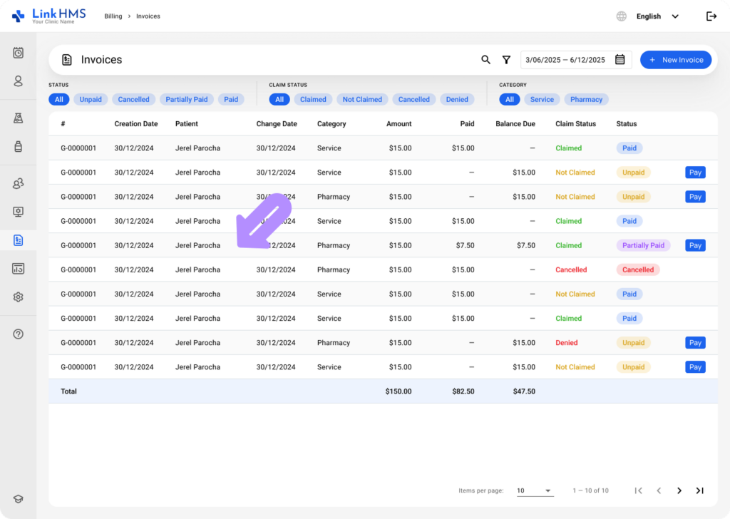LinkHMS invoices in the patient profile 4