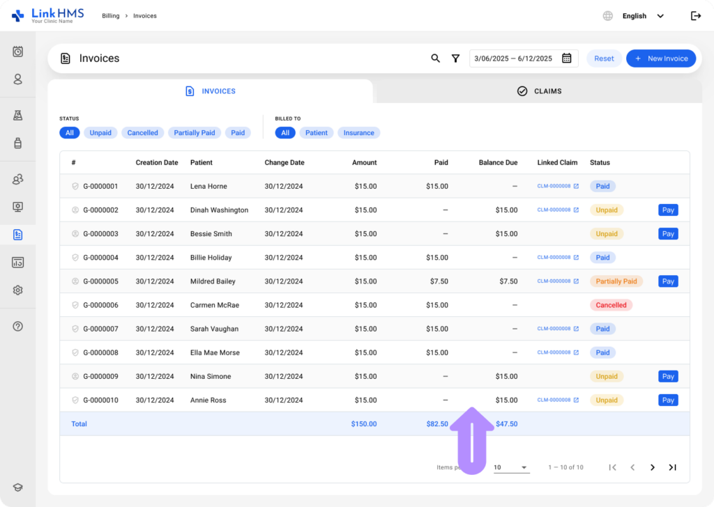 LinkHMS invoices tab 1