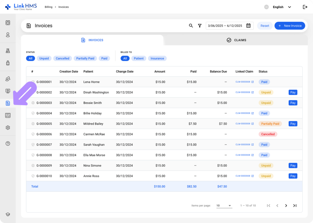 LinkHMS invoices tab 2