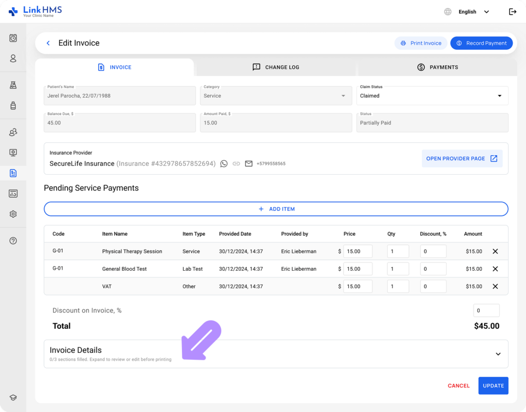 LinkHMS invoicing details 1