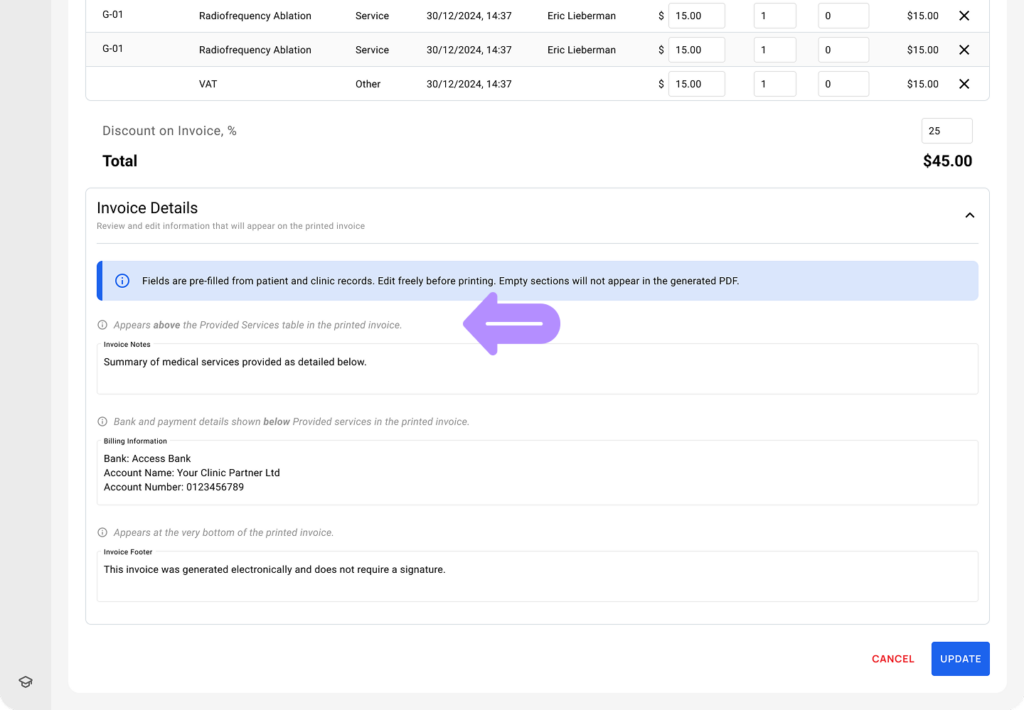 LinkHMS invoicing details