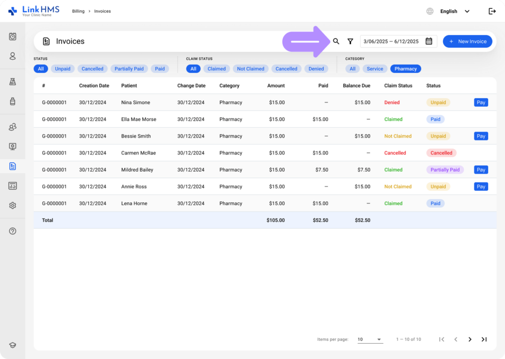 LinkHMS manage pharmacy invoices 1