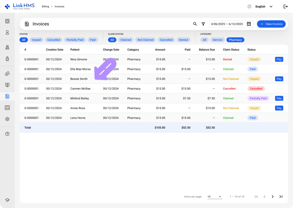 LinkHMS manage pharmacy invoices 2