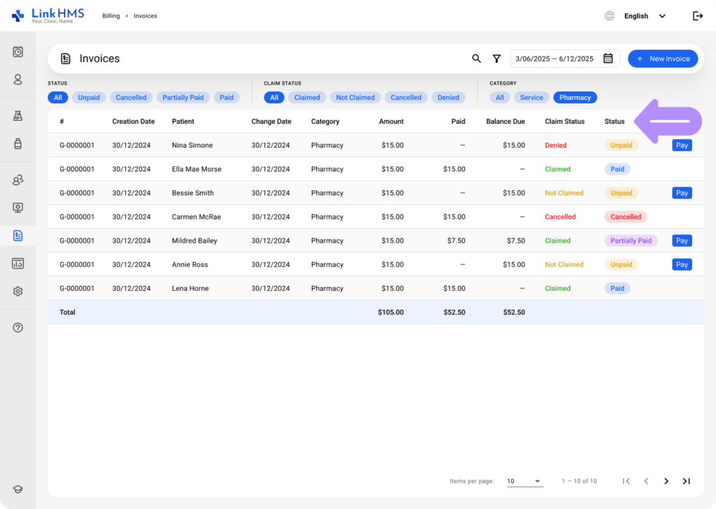 LinkHMS manage pharmacy invoices 4