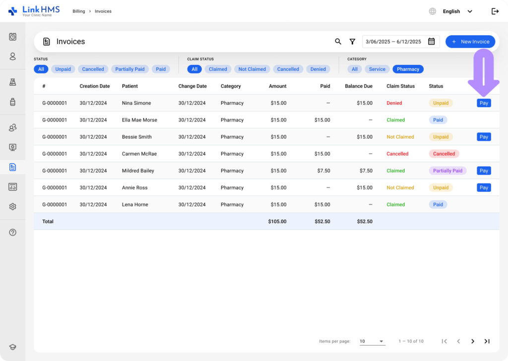 LinkHMS manage pharmacy invoices 5