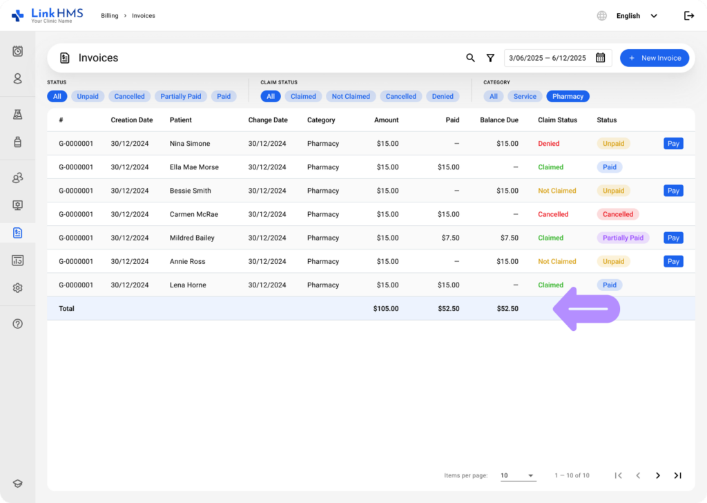 LinkHMS manage pharmacy invoices 6