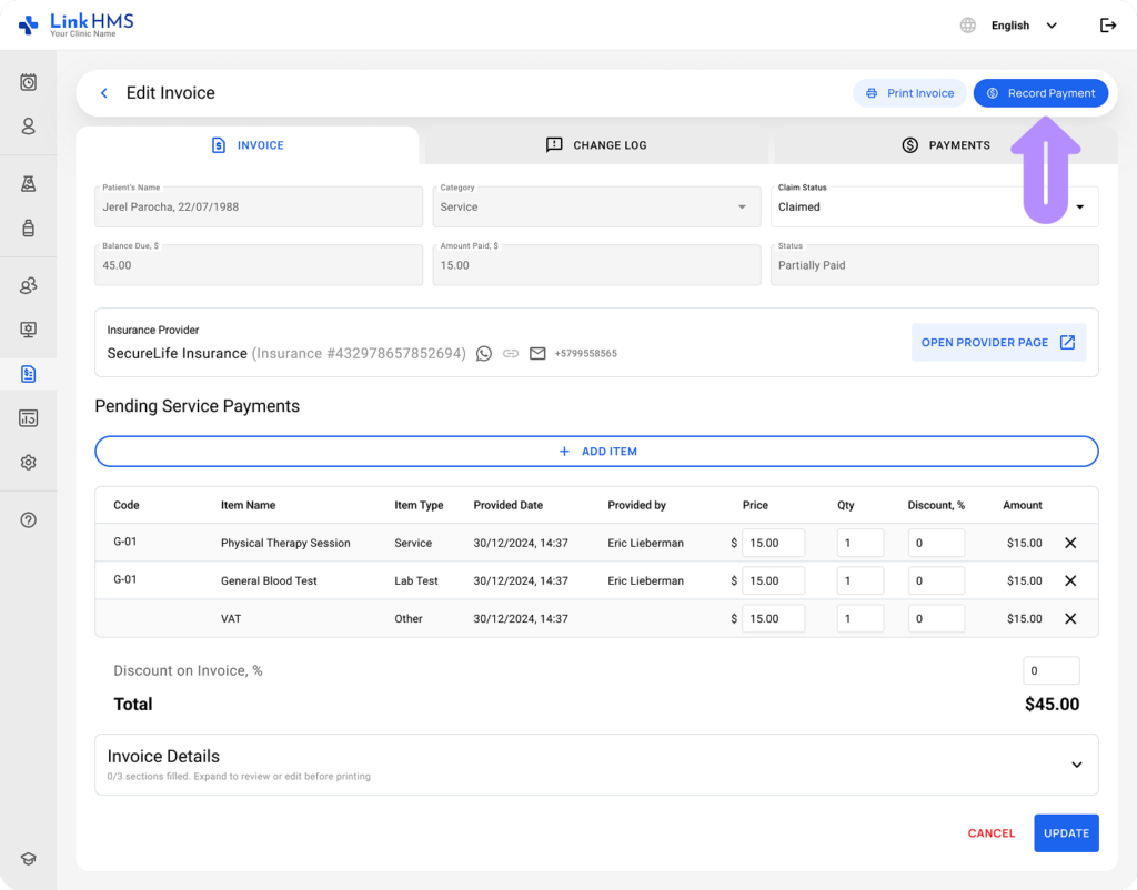 LinkHMS record payment 1