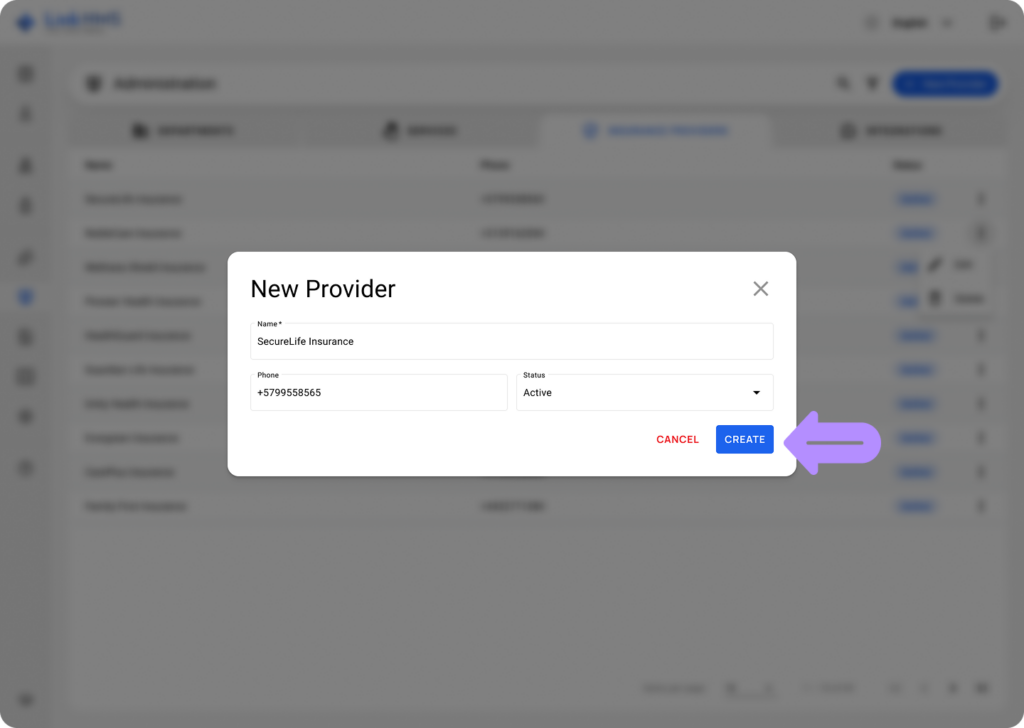 LinkHMS create insurance provider 1