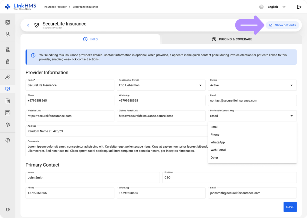 LinkHMS create insurance provider 10