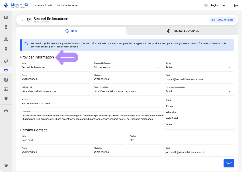 LinkHMS create insurance provider 7