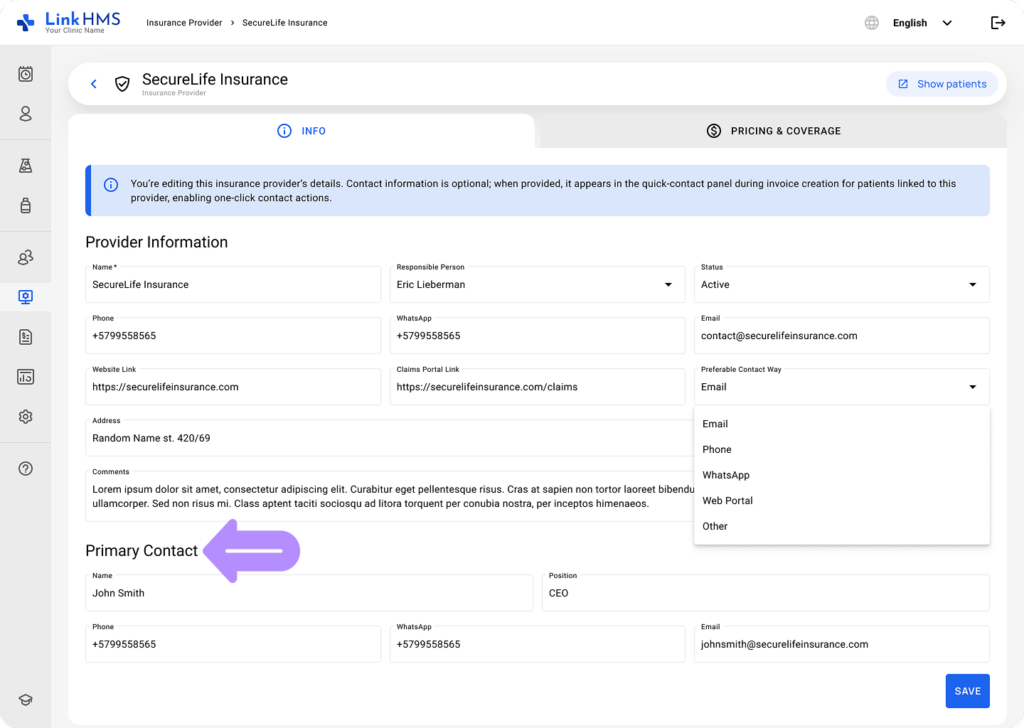 LinkHMS create insurance provider 8