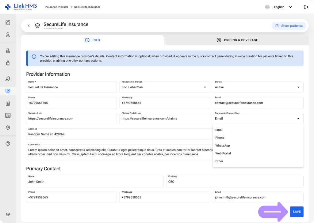LinkHMS create insurance provider 9