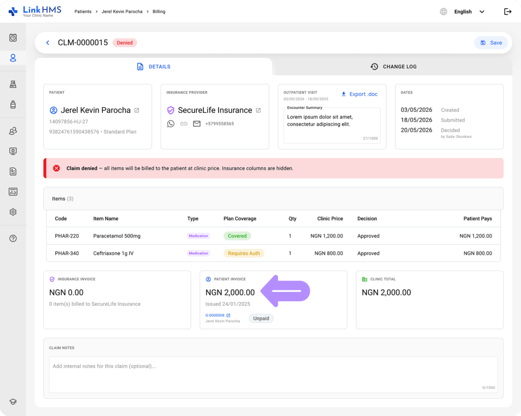 LinkHMS insurance and patient invoices 1