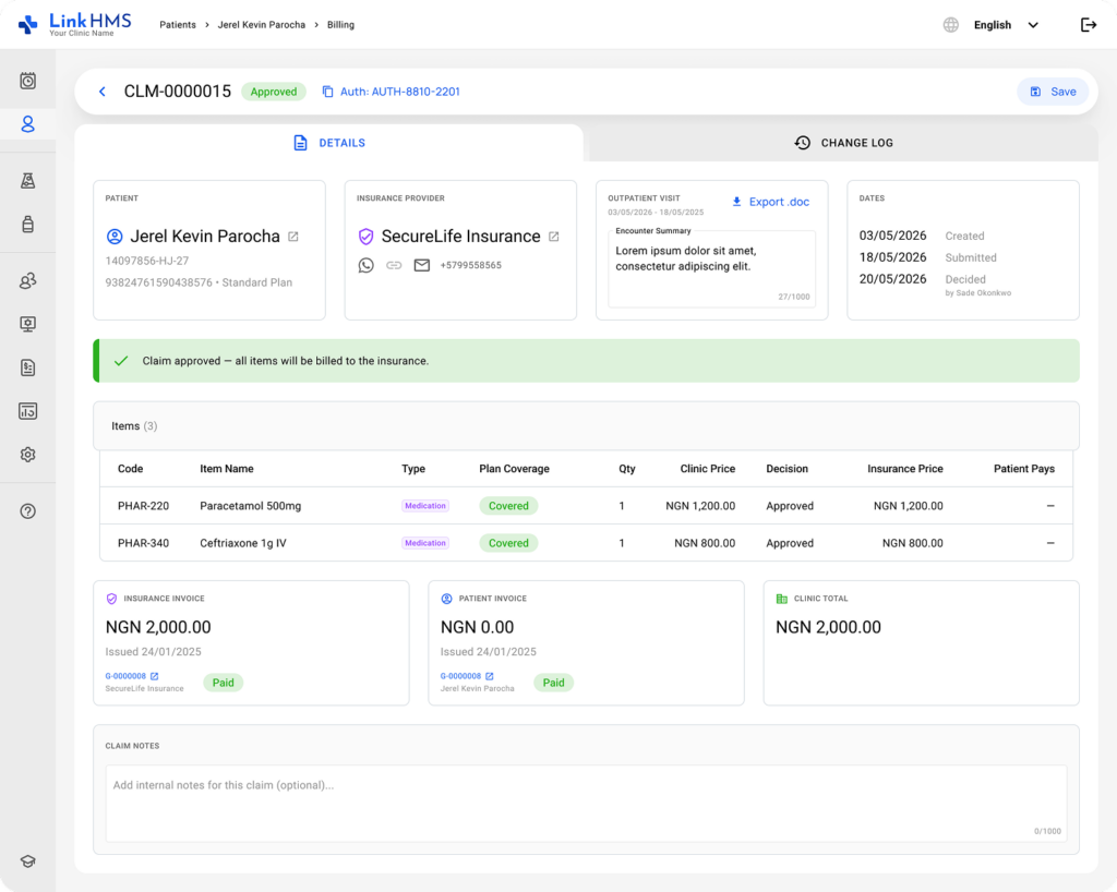 LinkHMS insurance and patient invoices 2