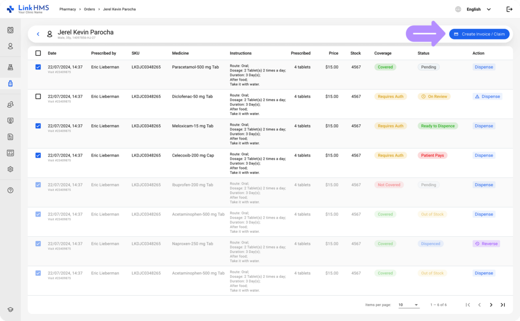 LinkHMS prescription invoices 1