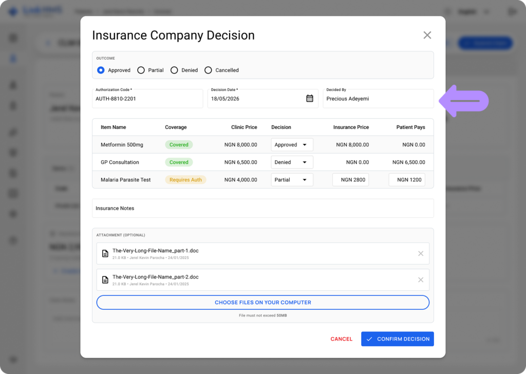 LinkHMS record insurance decision 5