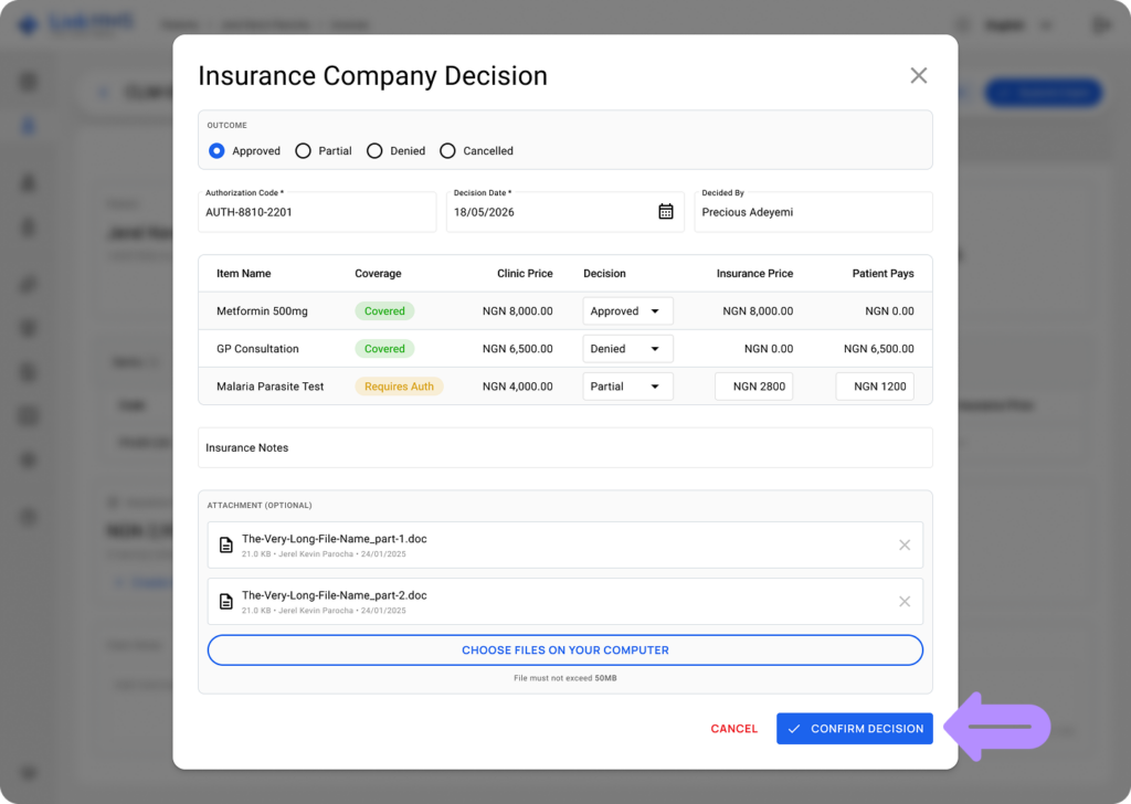 LinkHMS record insurance decision 9